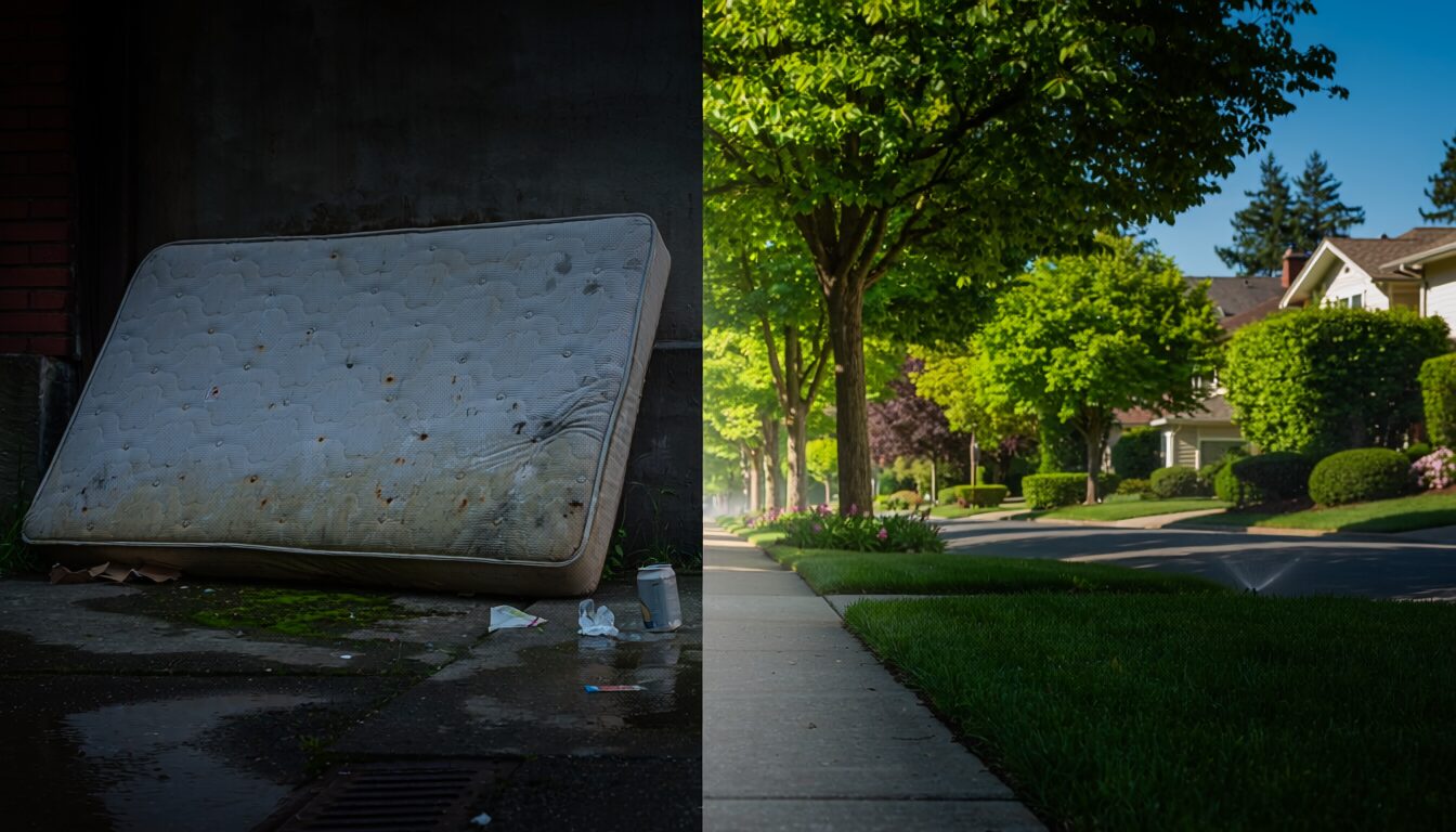 mattress leaning against the wall vs a clean neighborhood